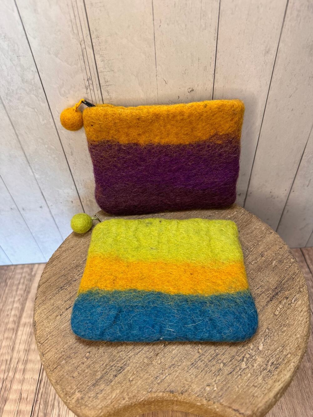 Set of 2 Felted Wool Colorful Pouches Striped Coin Purses Small Accessory Bag
